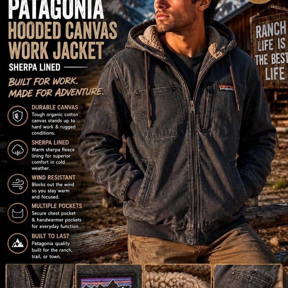 Patagonia Hooded Canvas Work Jacket Gray Sherpa Lined Men's Medium Full Zip